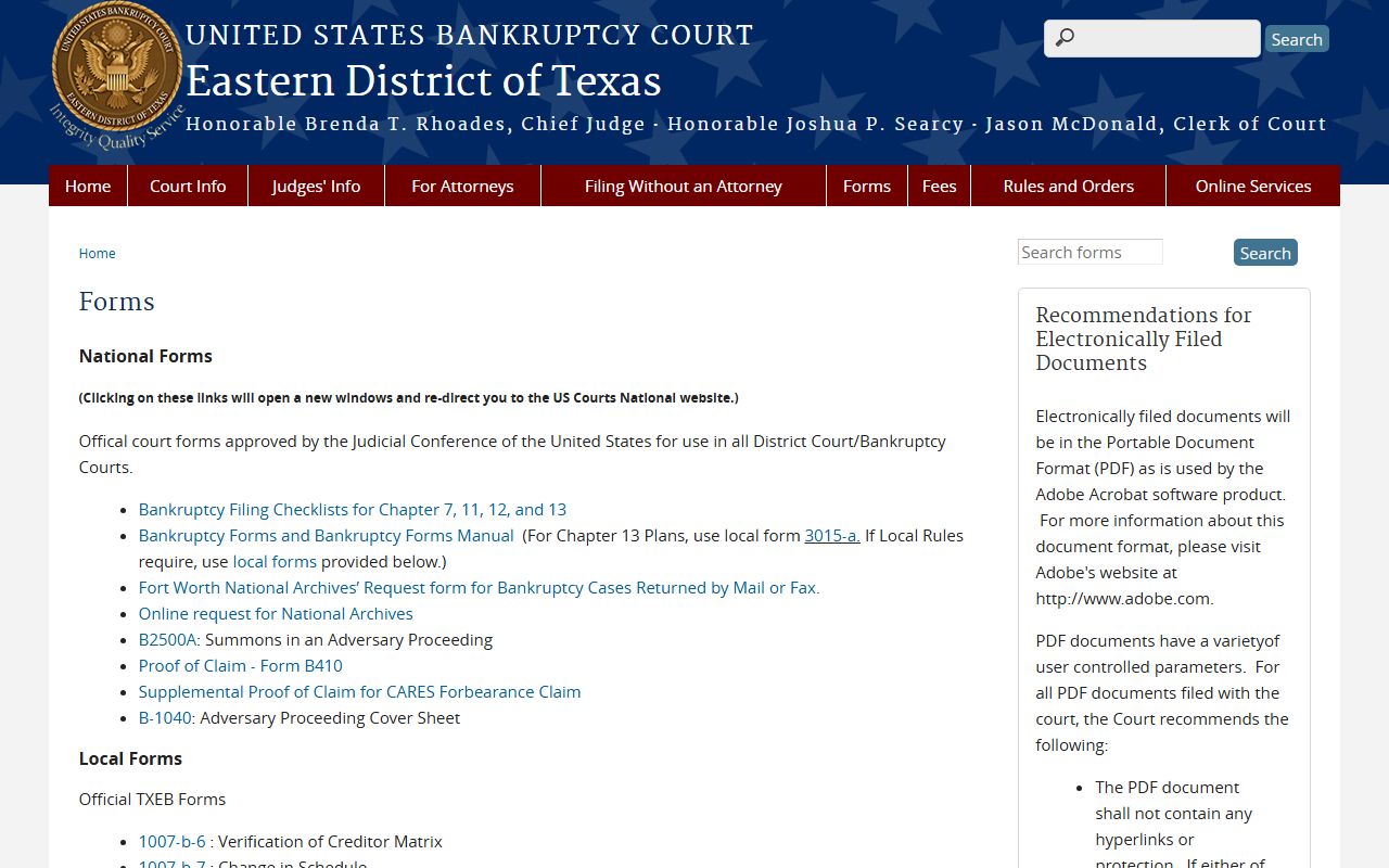 Eastern District Texas Bankruptcy Court Forms - Anderson County Bankruptcy Records